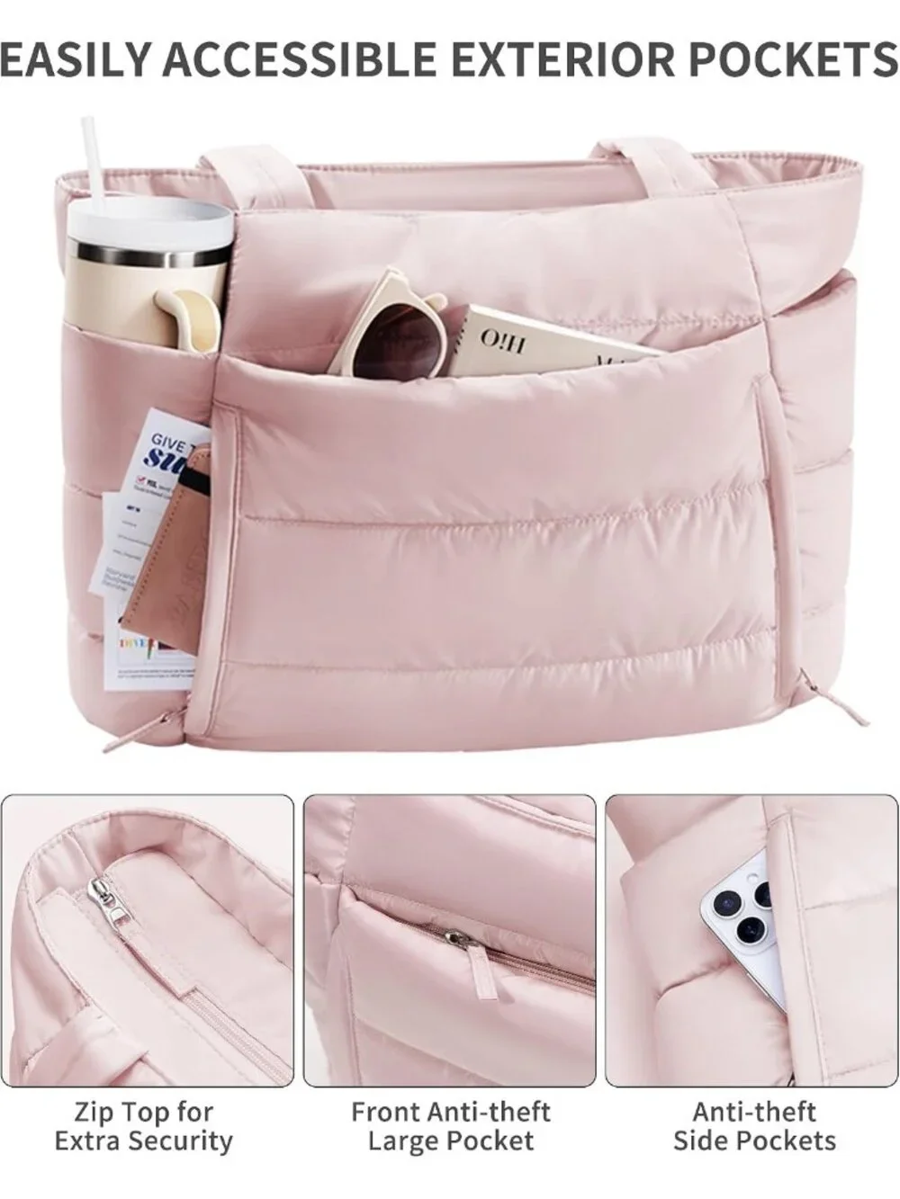 👜Women's Pink Puffer Tote Bag 16 Pockets Work Gym Travel Laptop Handbag Purse